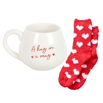 Hug in a Mug White Mug & Heart Socks Gift Set