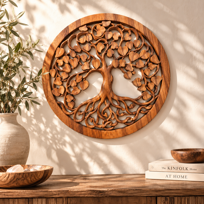 Tree of Life & Hearts Suar Wood Wall Art | 40cm