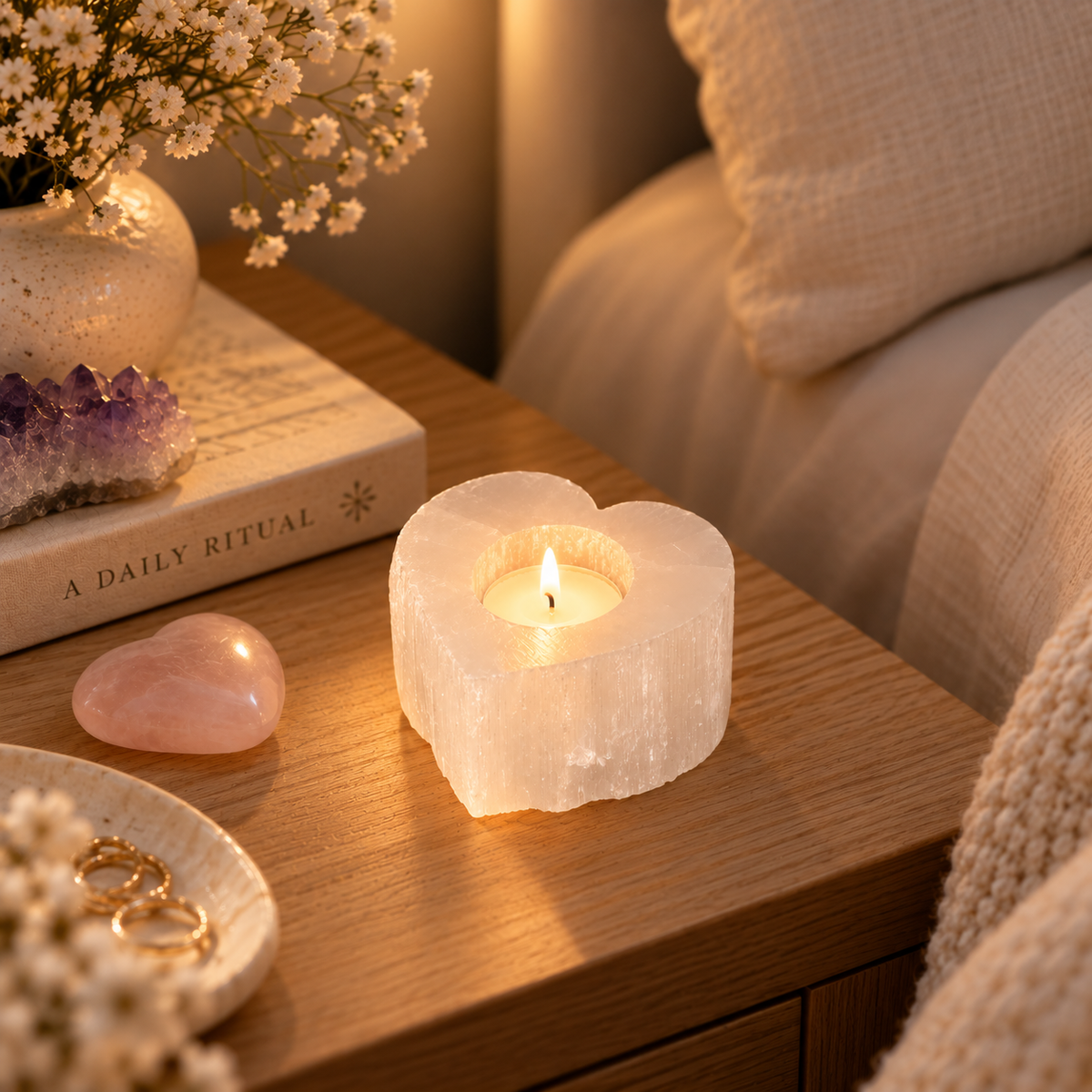 Selenite Heart Candle Holder