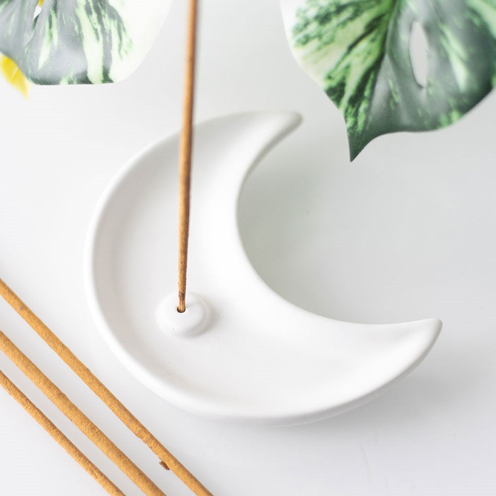 White Crescent Moon Ceramic Incense Stick Holder