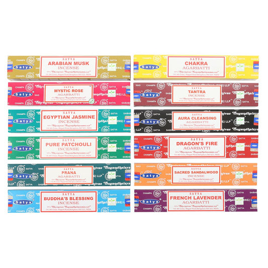 12-Pack Satya Assorted Incense Sticks | Fragrances for Relaxation, Meditation & Energy Clearing