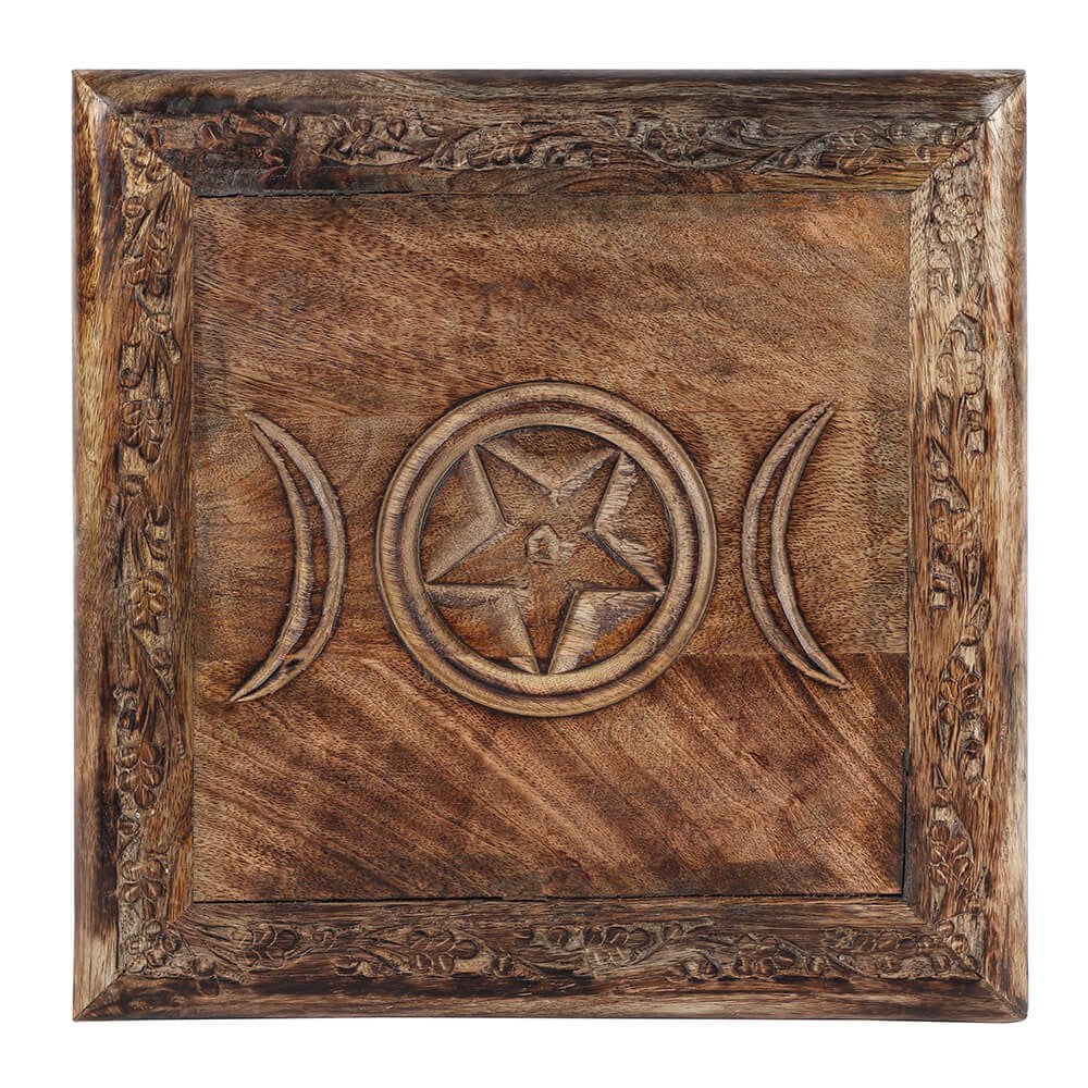 Triple Moon Wooden Altar Table | Ritual & Crystal Display Stand