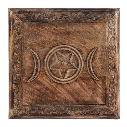 Triple Moon Wooden Altar Table | Ritual & Crystal Display Stand