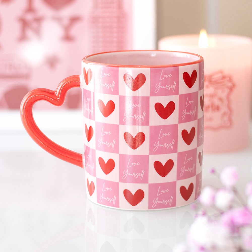 Love Yourself Checkered Mug with Heart Handle - Crystal Nest