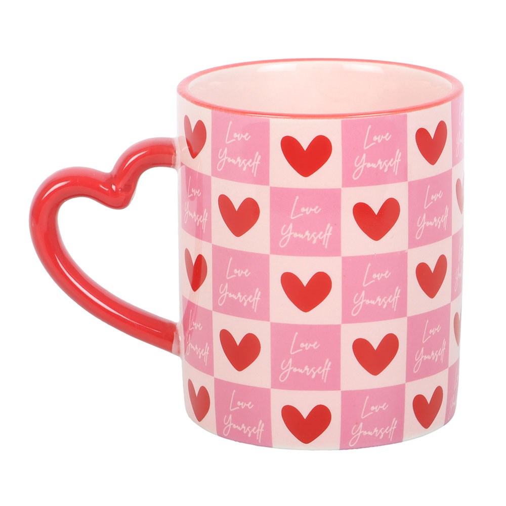 Love Yourself Checkered Mug with Heart Handle - Crystal Nest