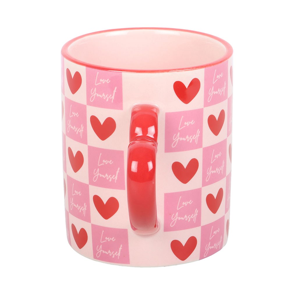 Love Yourself Checkered Mug with Heart Handle - Crystal Nest