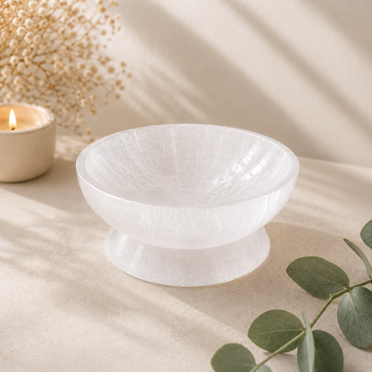 Large Round Selenite Ritual Bowl with Base