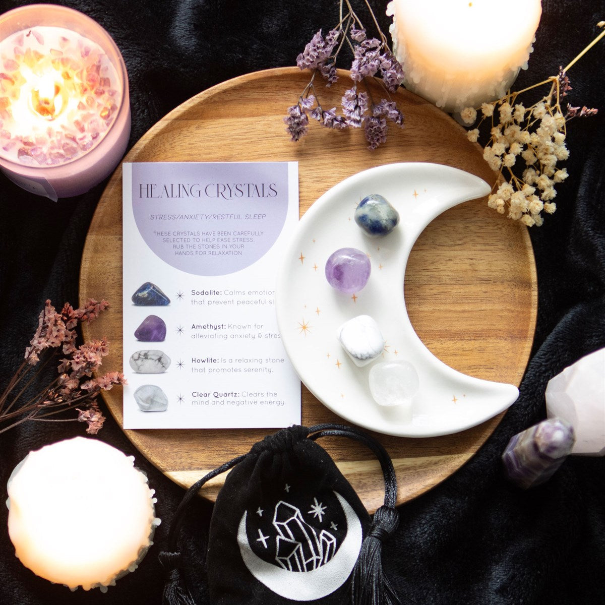 Stress Healing Crystal Set with Moon Trinket Dish - Crystal Nest