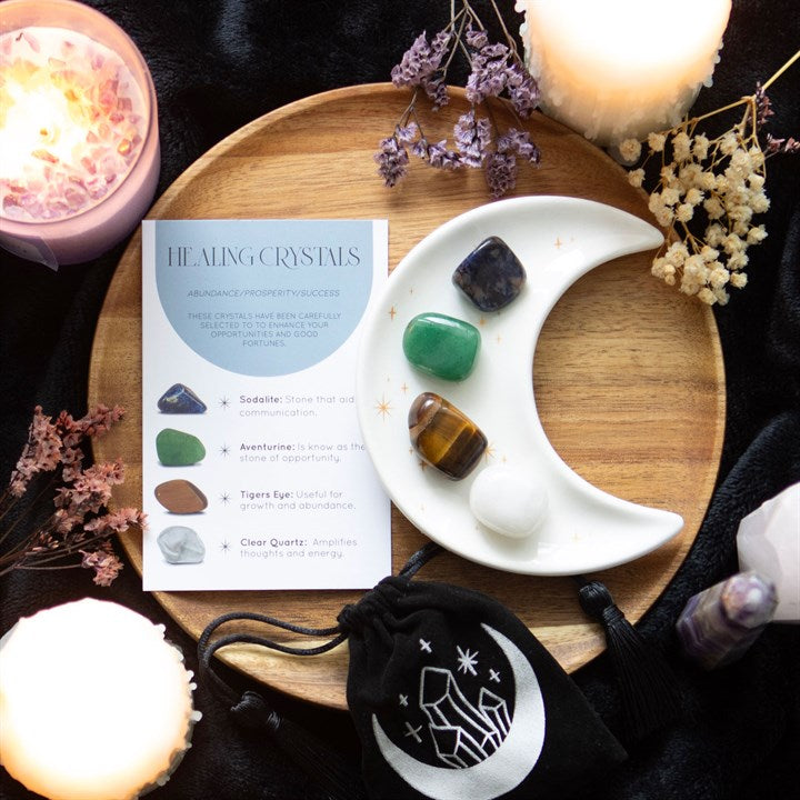 Success Healing Crystal Set with Moon Trinket Dish - Crystal Nest