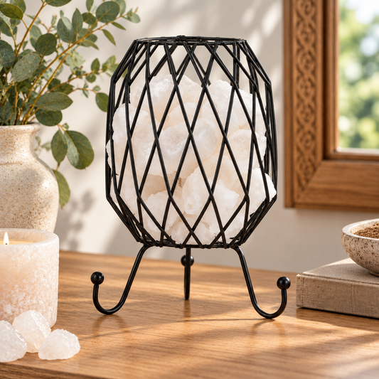 White Himalayan Salt Mesh Lamp | Black Iron - Crystal Nest