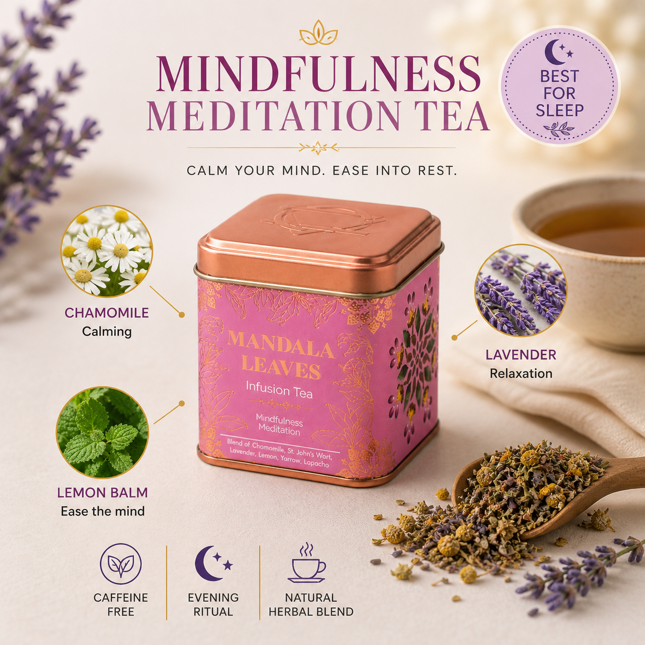 Mindfulness Meditation Herbal Tea | Chamomile & Lavender Blend (50g Tin)