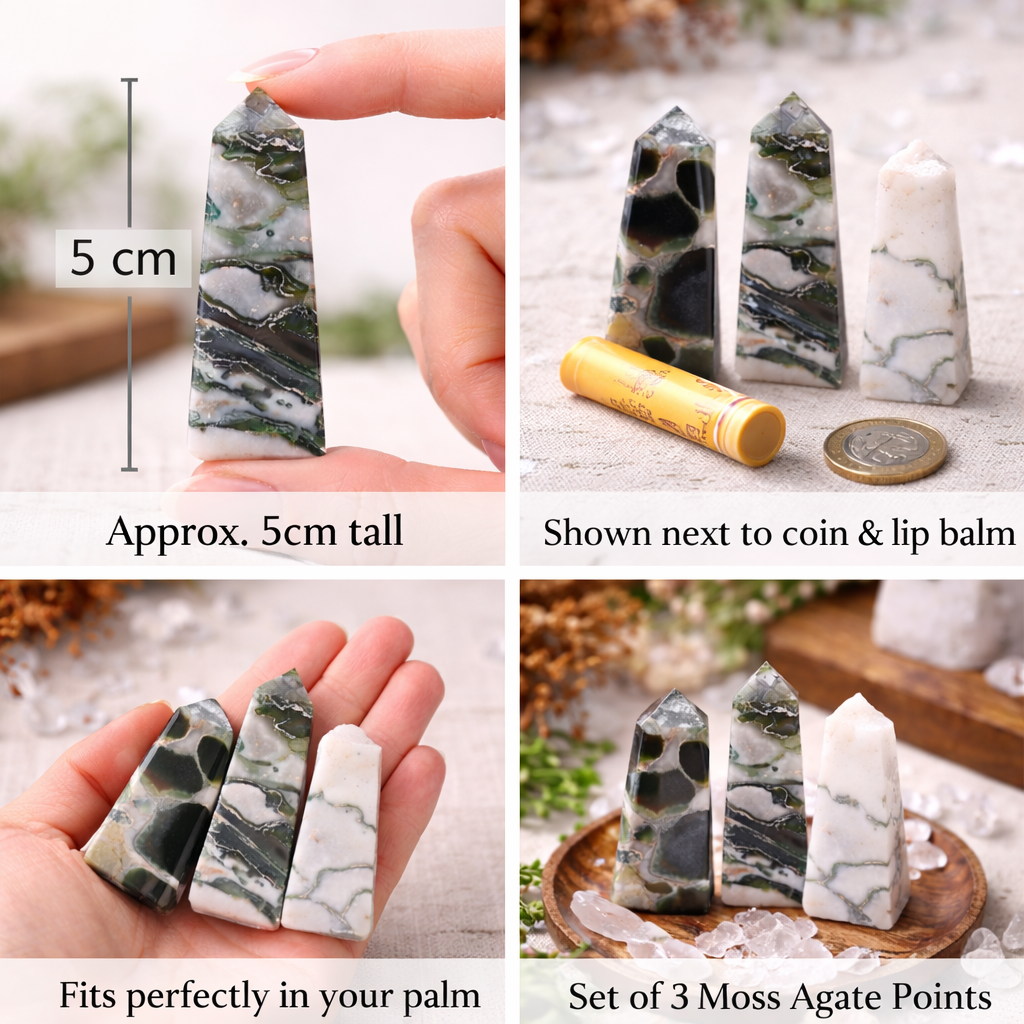 Moss Agate Obelisk Points | Growth & Healing Crystal Towers | Set of 3 - Crystal Nest