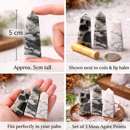 Moss Agate Obelisk Points | Growth & Healing Crystal Towers | Set of 3 - Crystal Nest