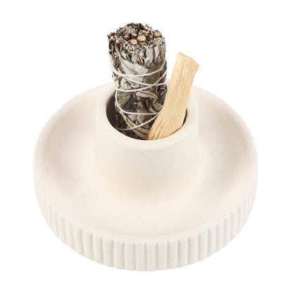 Cream Ribbed Ceramic Smudge Bowl - Crystal Nest