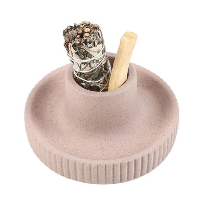 Beige Ribbed Ceramic Smudge Bowl - Crystal Nest