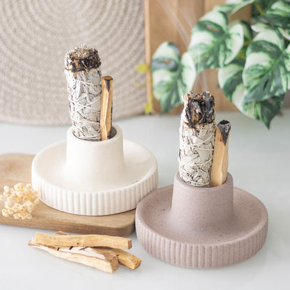 Beige Ribbed Ceramic Smudge Bowl - Crystal Nest
