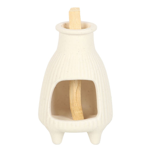 Cream Ribbed Ceramic Palo Santo & Smudge Stick Burner - Crystal Nest
