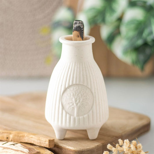 Cream Ribbed Ceramic Palo Santo & Smudge Stick Burner - Crystal Nest