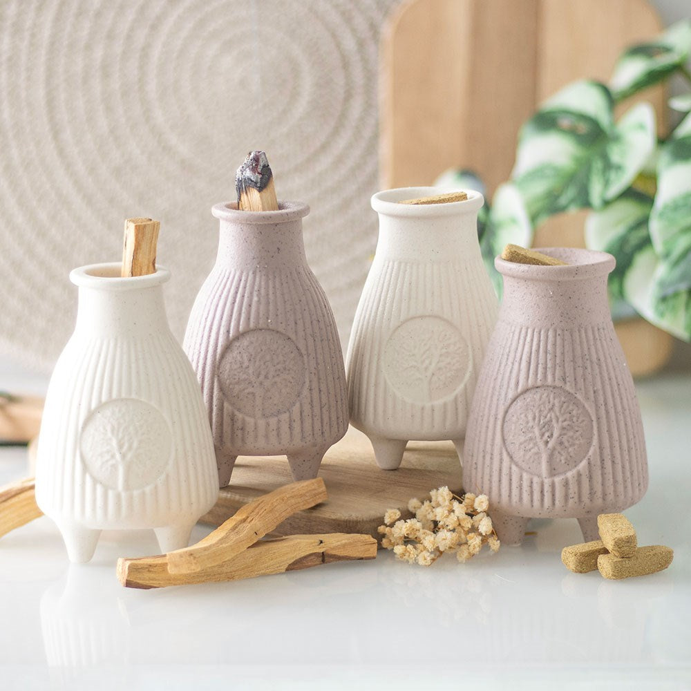 Beige Ribbed Ceramic Palo Santo & Smudge Stick Burner - Crystal Nest