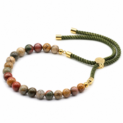 Picasso Jasper Gemstone String Bracelet | Moss Green Cord & 18K Gold Plated