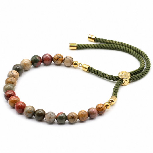 Picasso Jasper Gemstone String Bracelet | Moss Green Cord & 18K Gold Plated