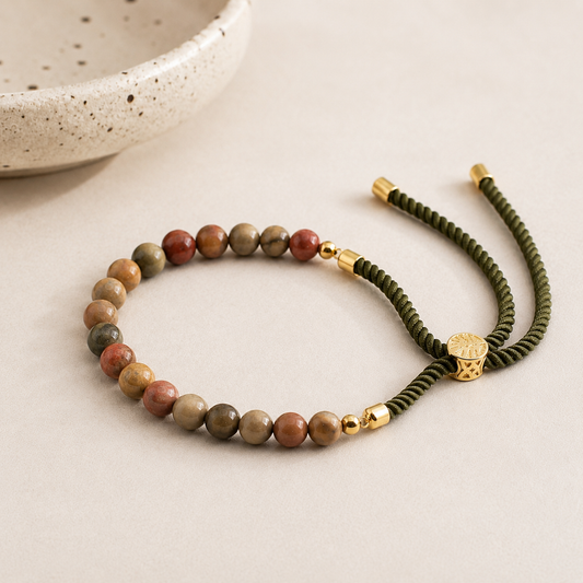 Picasso Jasper Gemstone String Bracelet | Moss Green Cord & 18K Gold Plated
