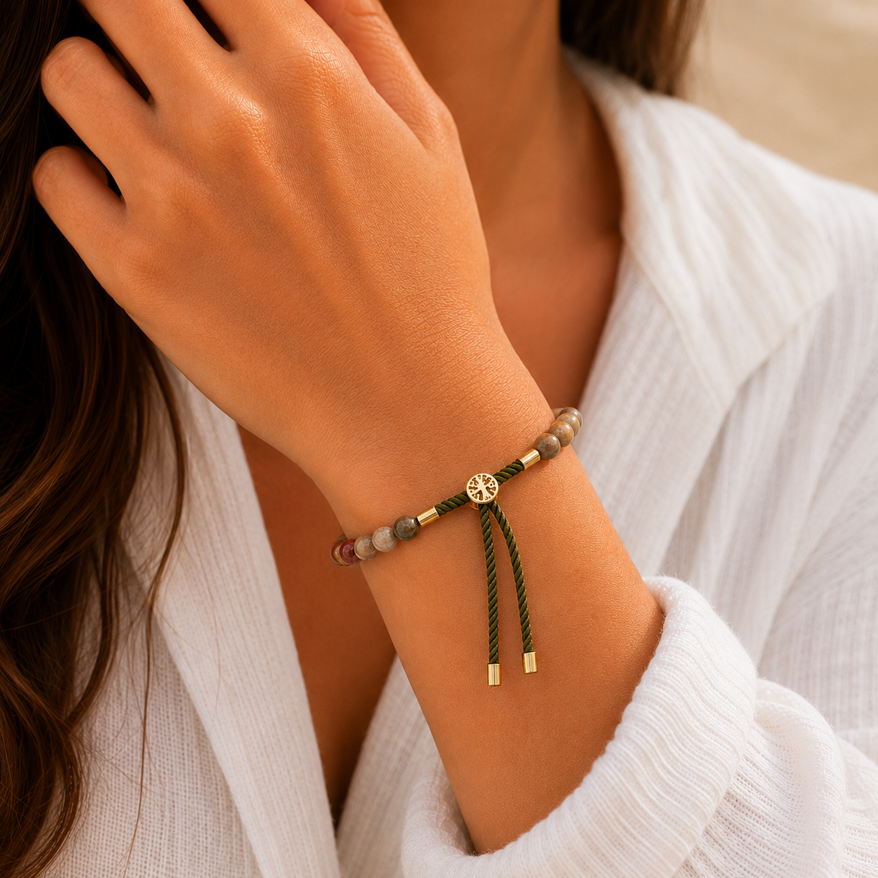 Picasso Jasper Gemstone String Bracelet | Moss Green Cord & 18K Gold Plated