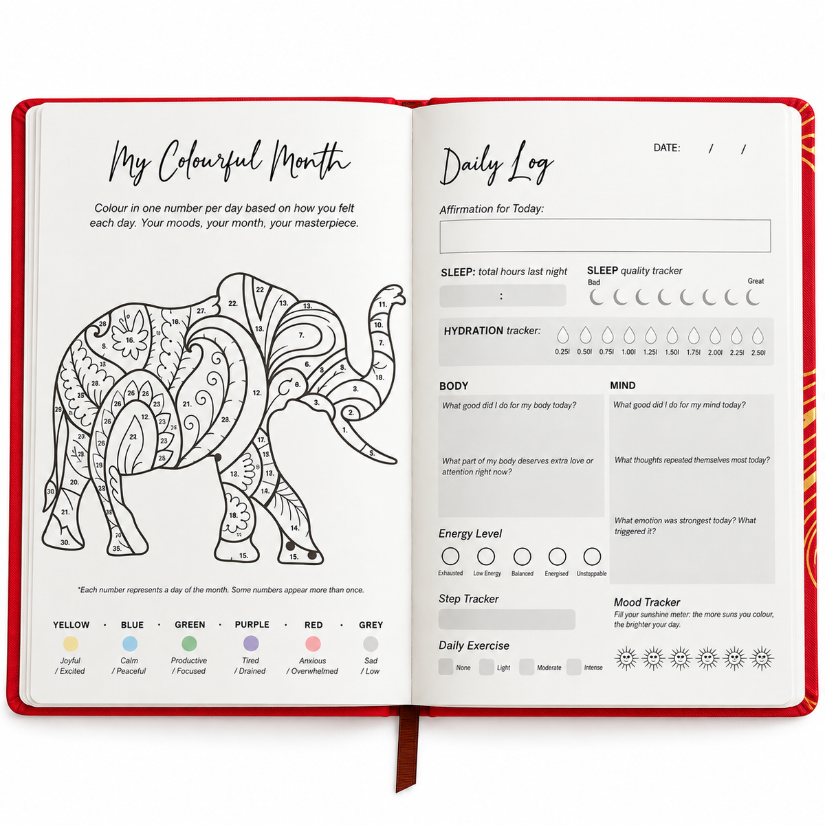 Guided Wellbeing Journal | Red Mandala Edition | Daily Self-Care & Holistic Habit Tracker - Crystal Nest