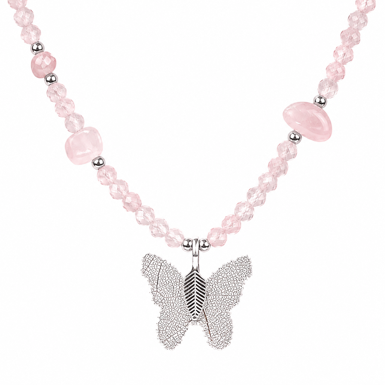 Rose Quartz Gemstone Necklace with Real Leaf Butterfly Pendant