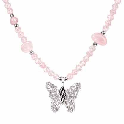 Rose Quartz Gemstone Necklace with Real Leaf Butterfly Pendant