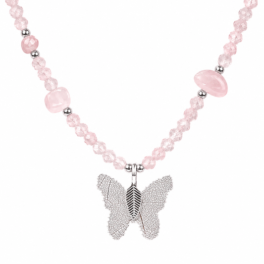 Rose Quartz Gemstone Necklace with Real Leaf Butterfly Pendant