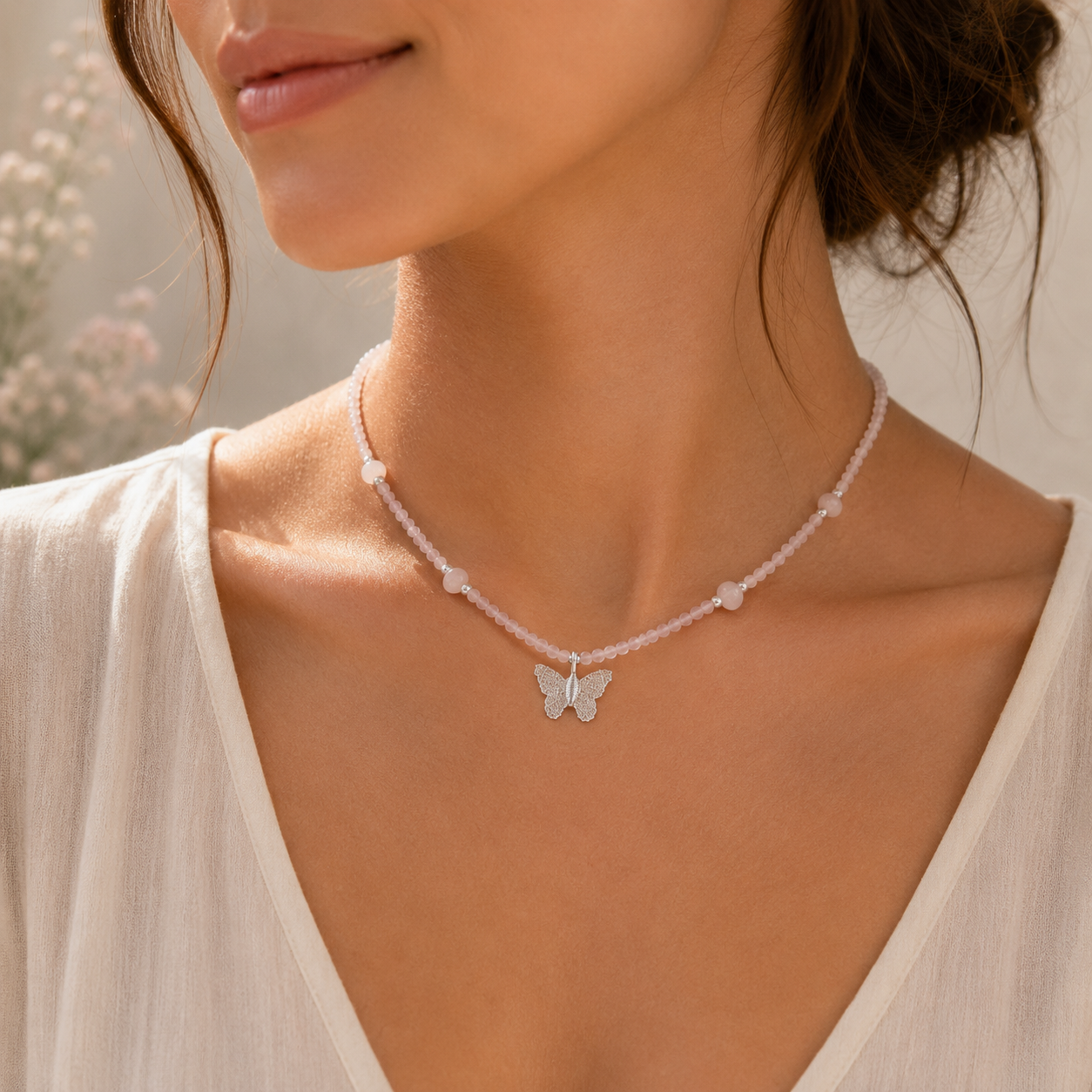 Rose Quartz Gemstone Necklace with Real Leaf Butterfly Pendant