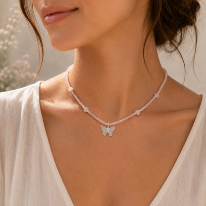 Rose Quartz Gemstone Necklace with Real Leaf Butterfly Pendant