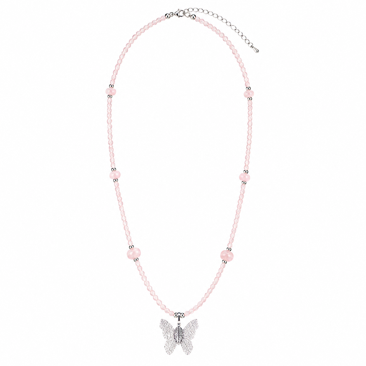 Rose Quartz Gemstone Necklace with Real Leaf Butterfly Pendant