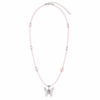 Rose Quartz Gemstone Necklace with Real Leaf Butterfly Pendant