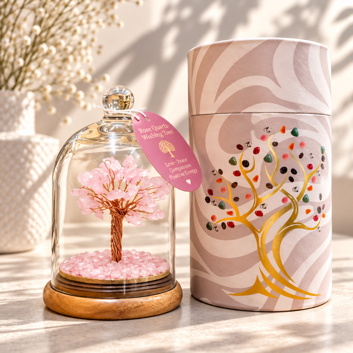 Rose Quartz Crystal Tree Under Glass Dome | Love, Healing & Self-Care - Crystal Nest