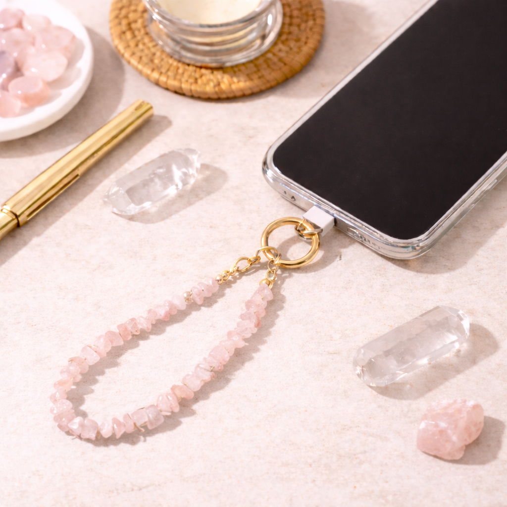 Rose Quartz Crystal Phone & Wrist Charm | Love & Self-Care Energy Strap - Crystal Nest