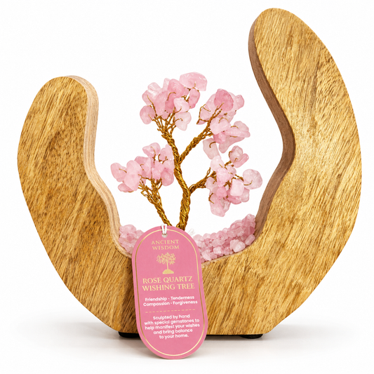 Rose Quartz Wishing Tree in Open Mango Wood | Gemstone Tree Garden