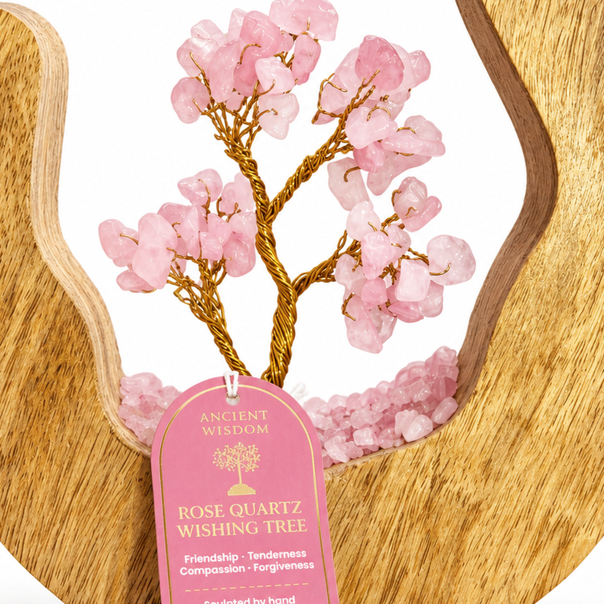 Rose Quartz Wishing Tree in Open Mango Wood | Gemstone Tree Garden