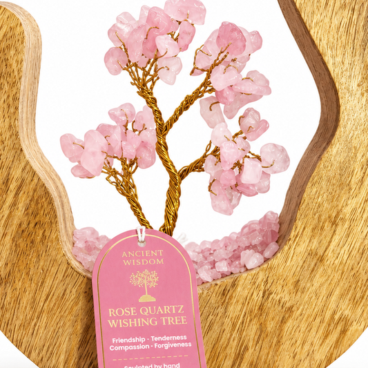 Rose Quartz Wishing Tree in Open Mango Wood | Gemstone Tree Garden