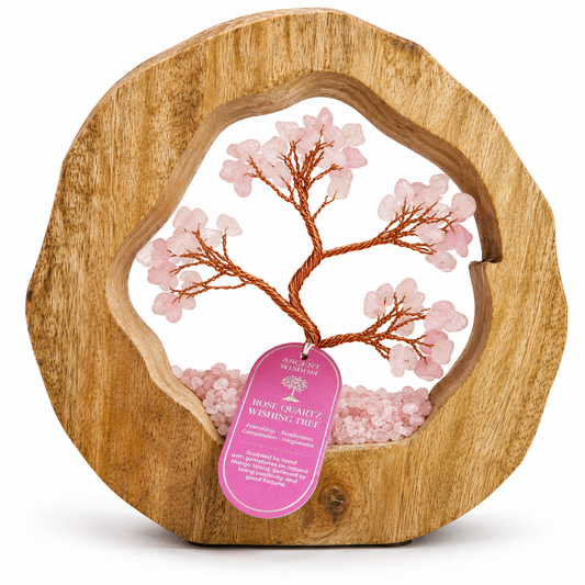 Rose Quartz Wishing Tree in Mango Wood | Gemstone Tree Garden