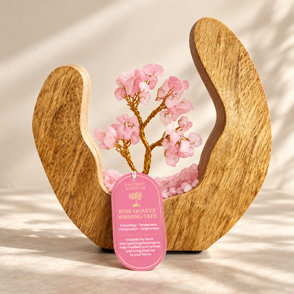 Rose Quartz Wishing Tree in Open Mango Wood | Gemstone Tree Garden