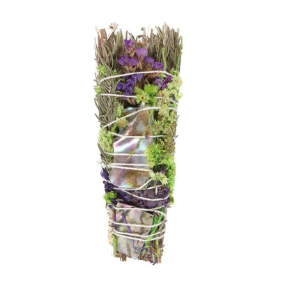Herb & Flower Smudge Wand – 6” Ritual Cleansing Stick with Rosemary, Lavender & Abalone - Crystal Nest
