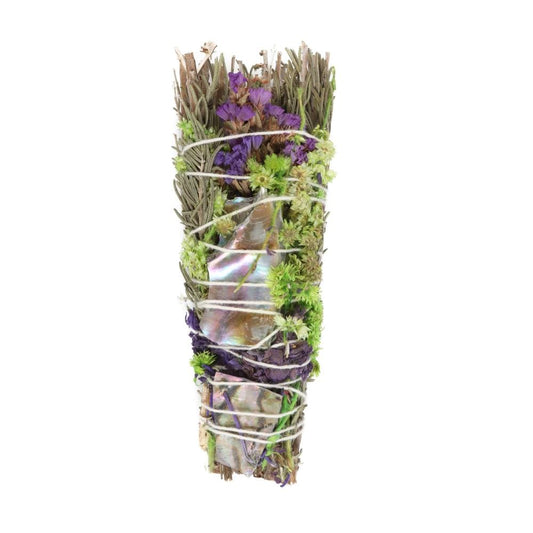 Herb & Flower Smudge Wand – 6” Ritual Cleansing Stick with Rosemary, Lavender & Abalone - Crystal Nest