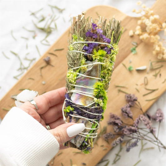 Herb & Flower Smudge Wand – 6” Ritual Cleansing Stick with Rosemary, Lavender & Abalone - Crystal Nest