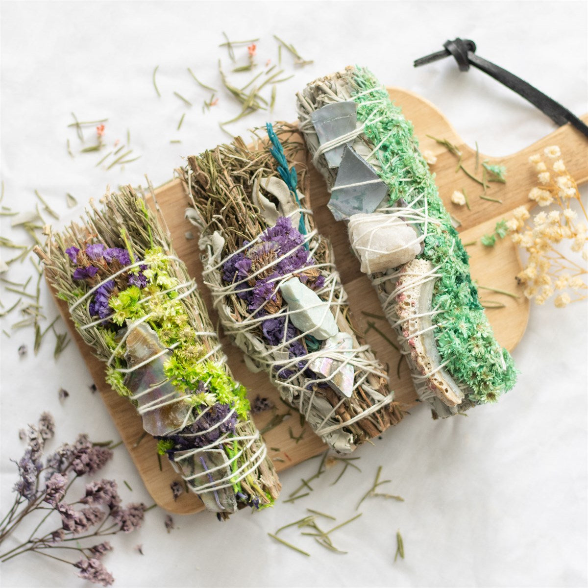 Herb & Flower Smudge Wand – 6” Ritual Cleansing Stick with Rosemary, Lavender & Abalone - Crystal Nest