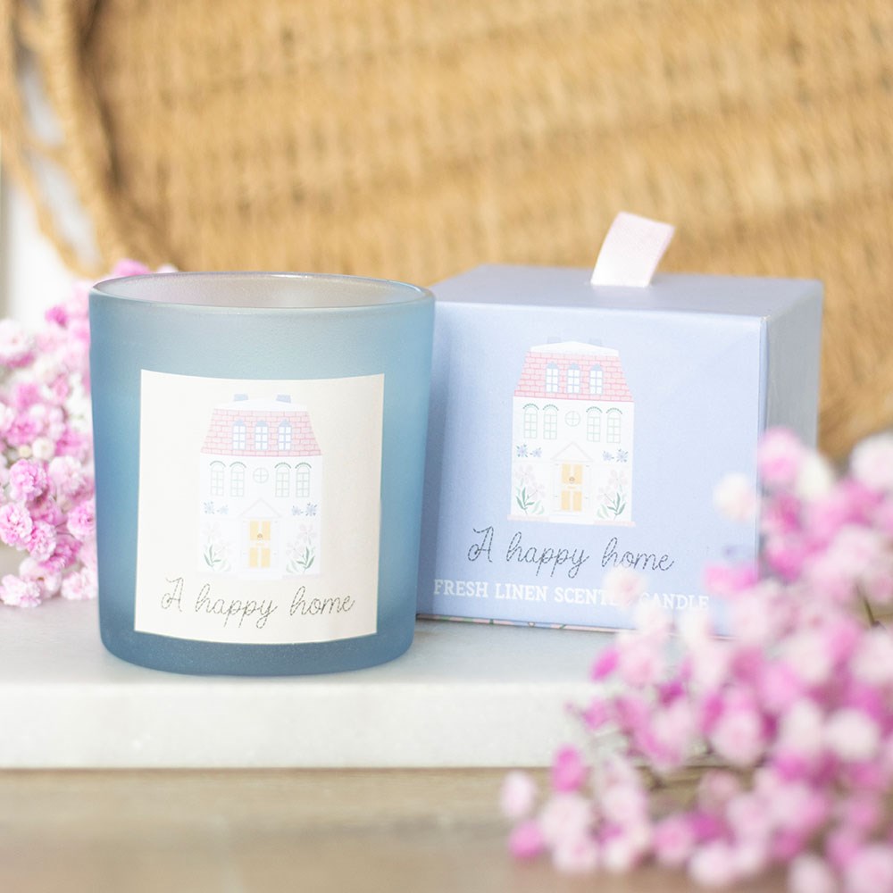 A Happy Home Fresh Linen Scented Candle – Housewarming Gift & Mother's Day Present - Crystal Nest