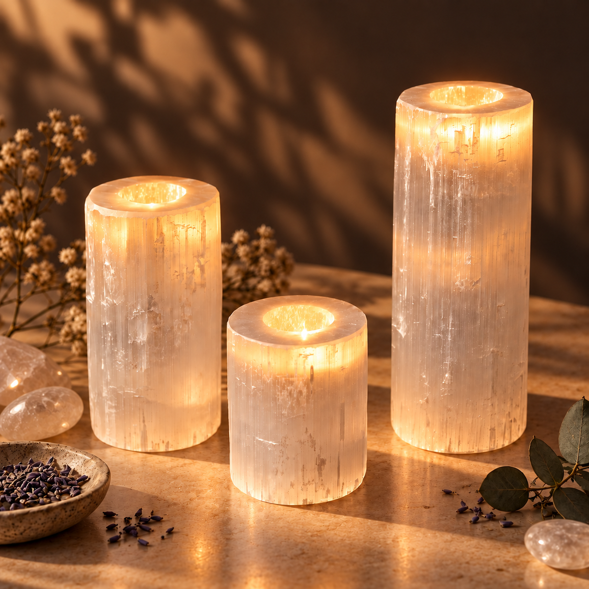 3-Piece Selenite Tower Candle Holder Set