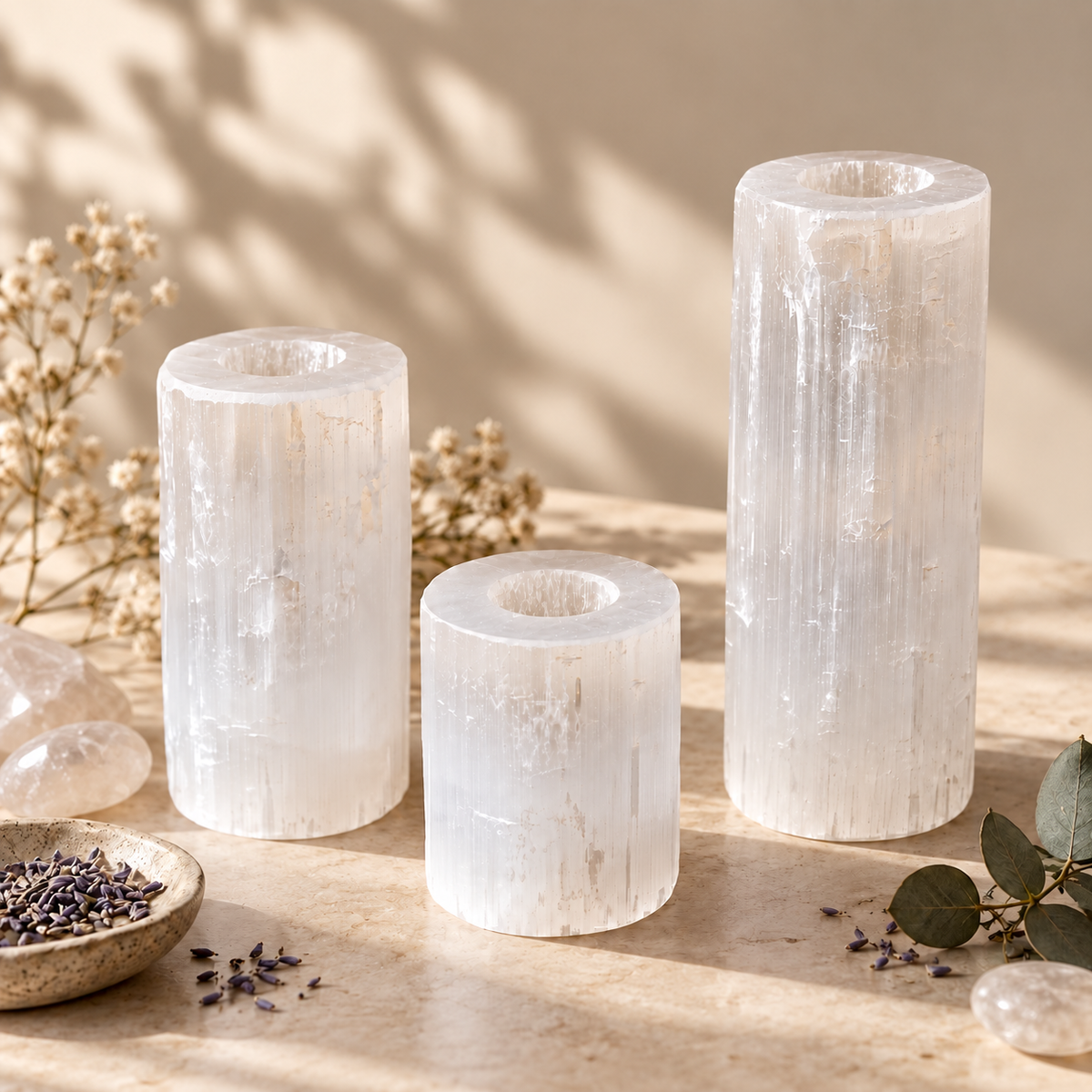 3-Piece Selenite Tower Candle Holder Set