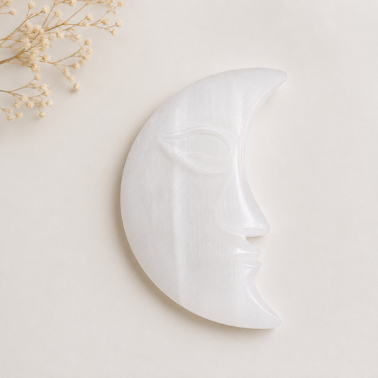 Selenite Moon Face Crystal Carving